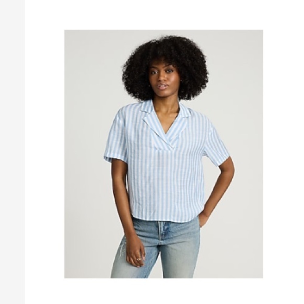Express Light Blue Striped Collared Short Sleeve Tee